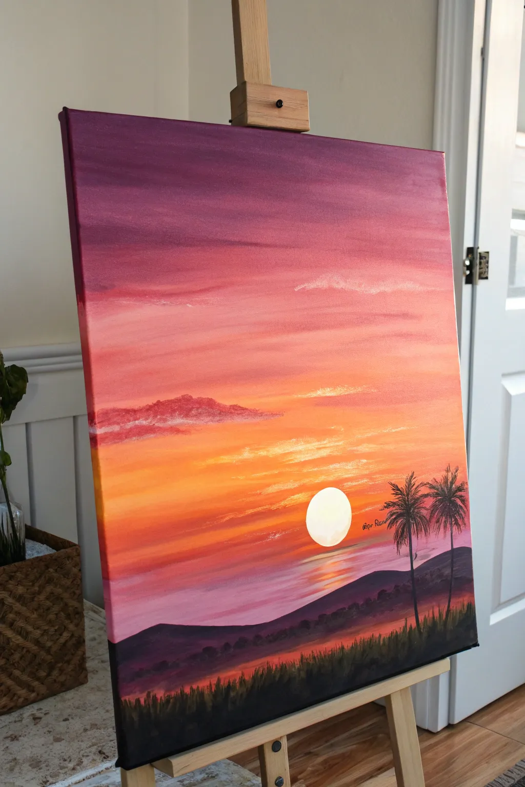 Minimalist boho sunset acrylic canvas with glowing sun, warm pinks, and deep purple contrast.