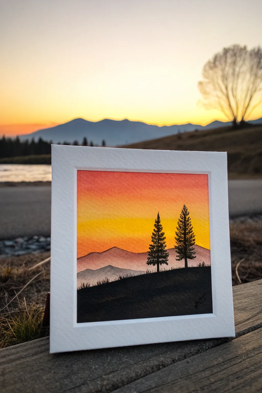 Classic 3-color sunset: bold black silhouette with a warm orange-to-yellow sky gradient.