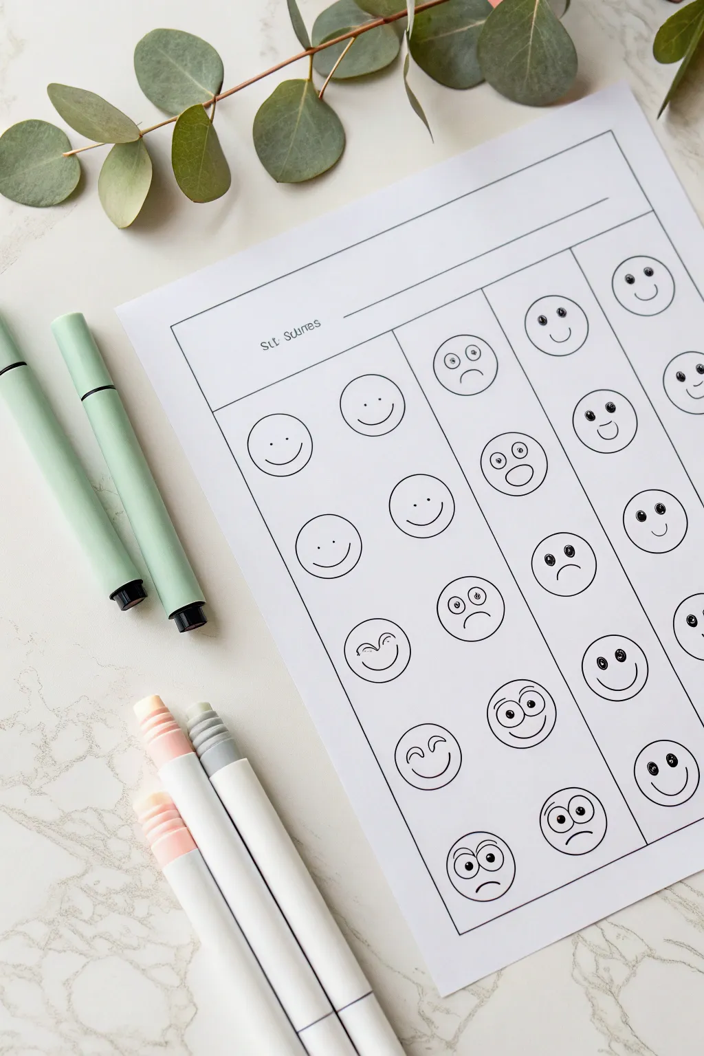 Simple emoji face templates and three markers for a fun 3 marker challenge coloring session