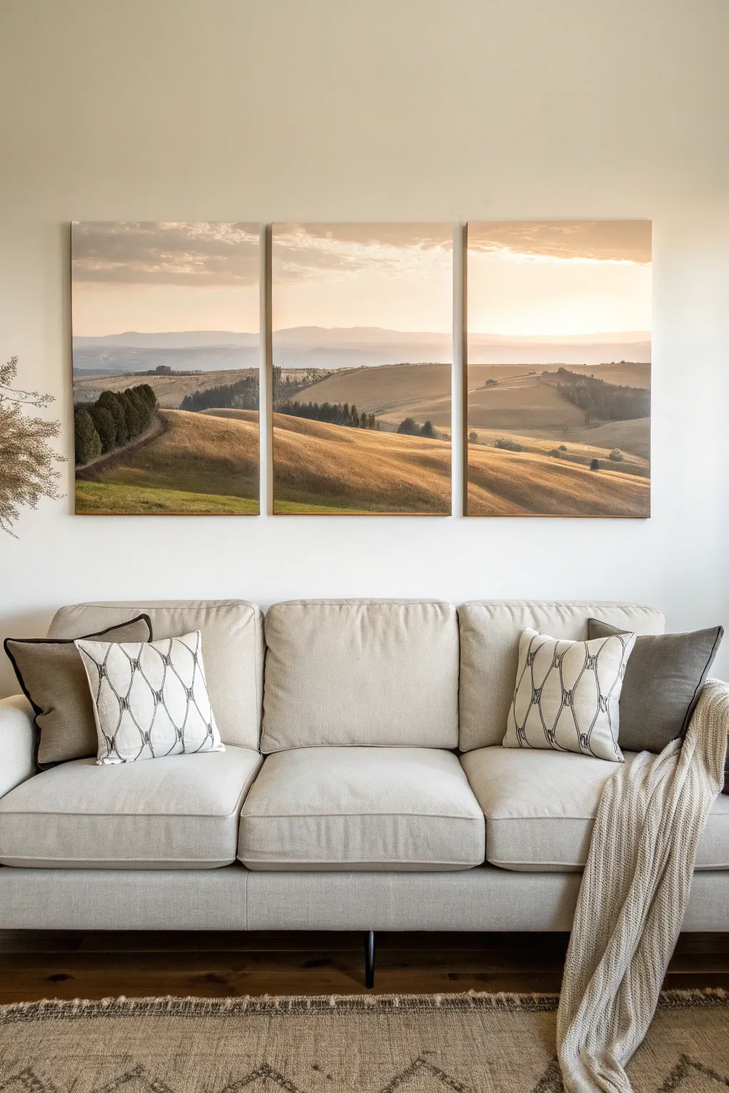Classic continuous landscape triptych above the sofa for a calm, balanced minimalist statement.