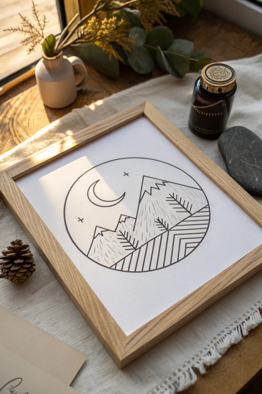 Minimal circle mountain range with rising moon, crisp black lines and calm Scandinavian boho mood