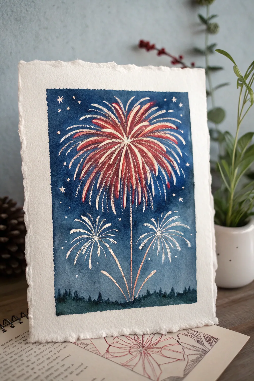 Paint a single bold firework burst in red, white and blue against a deep indigo night sky.