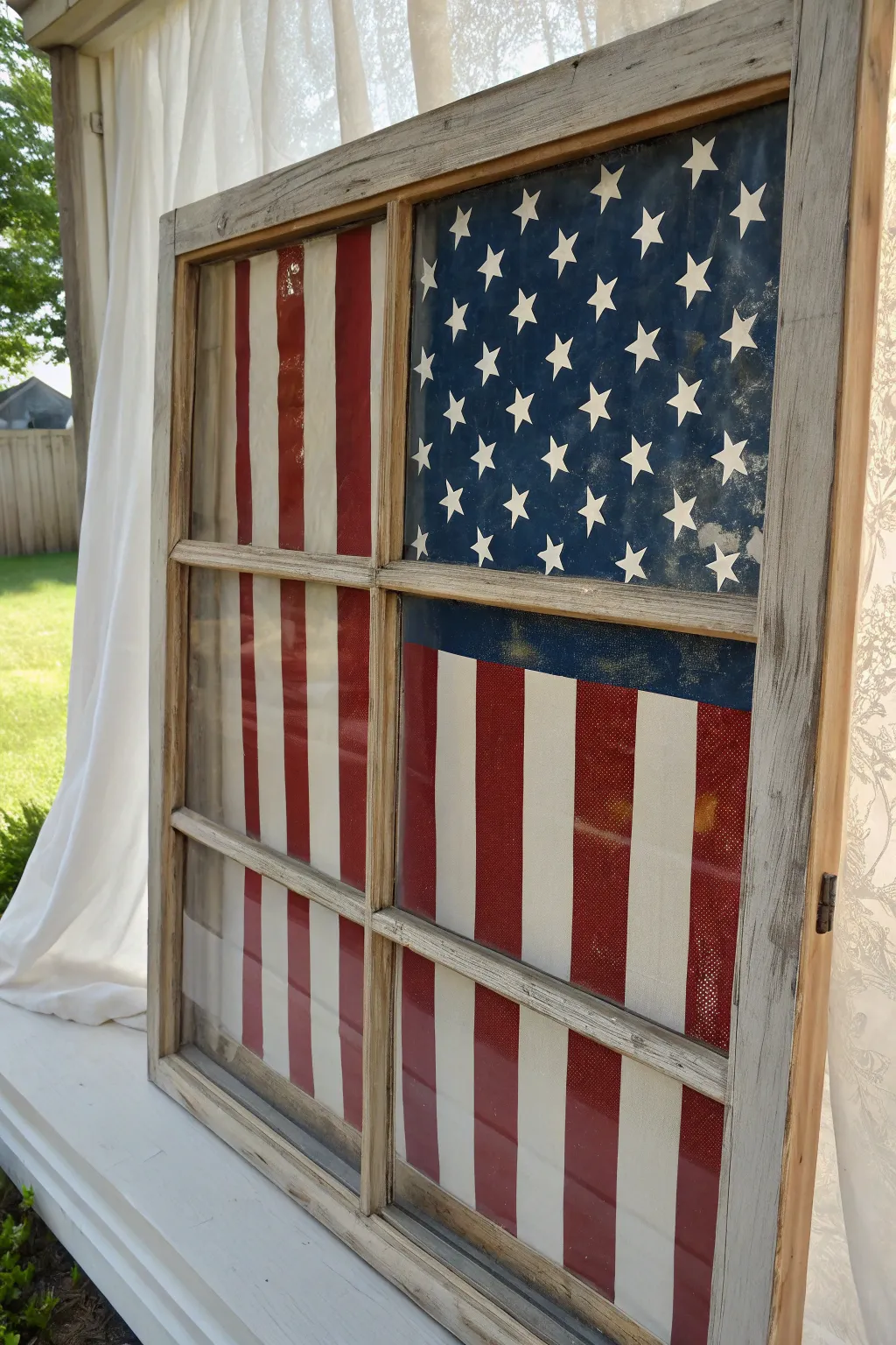 Crisp stars-and-stripes window panel, straight-on and minimal, perfect for 4th of July decor.