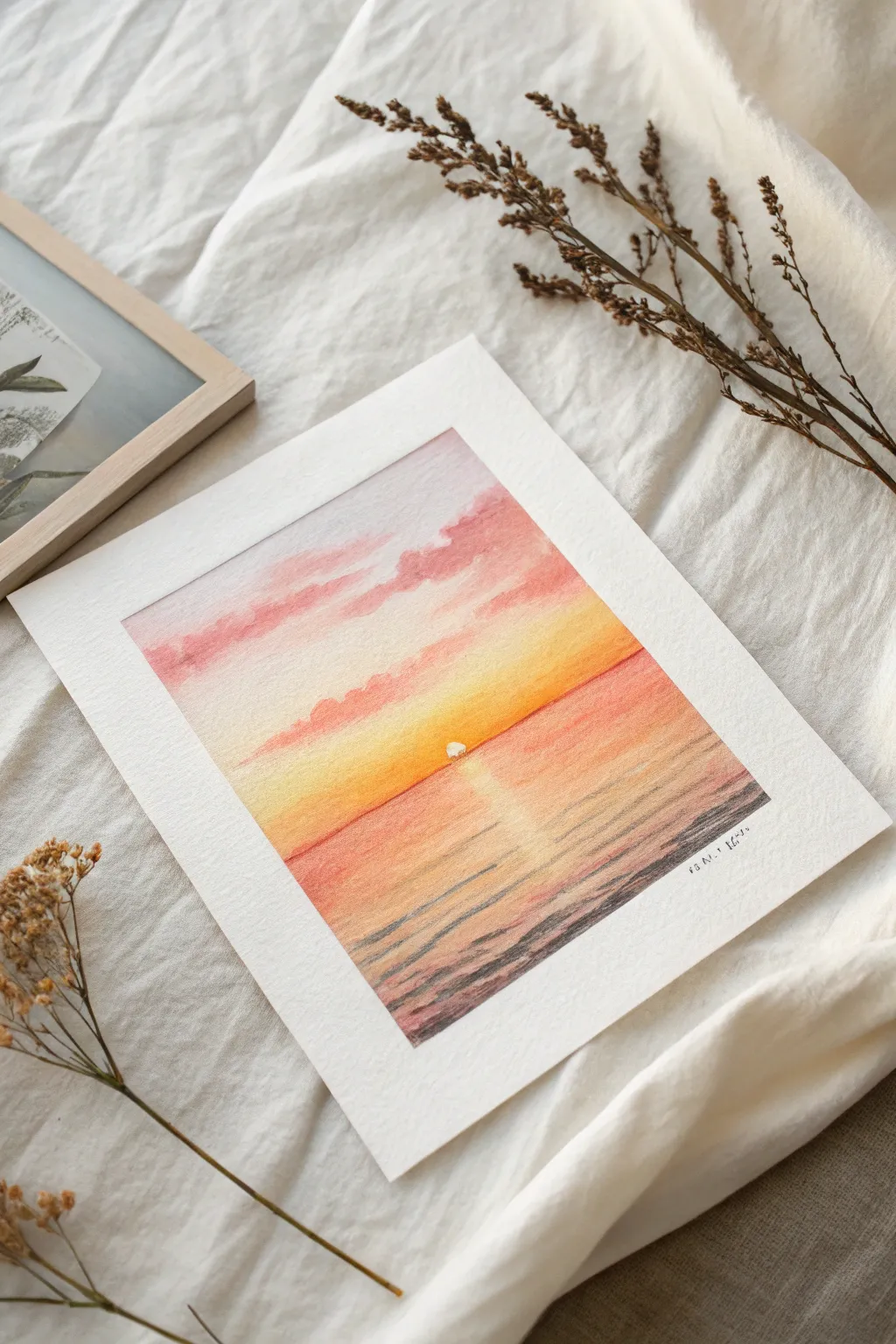 Simple sunset gradient over water, an easy beginner watercolor with soft ripples and calm glow.