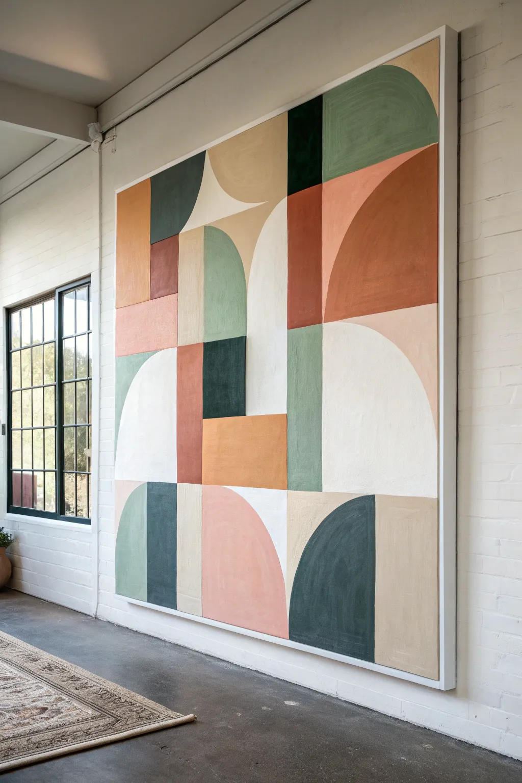 Color blocking with bold shapes and crisp edges, in a calm Scandinavian palette with boho warmth.