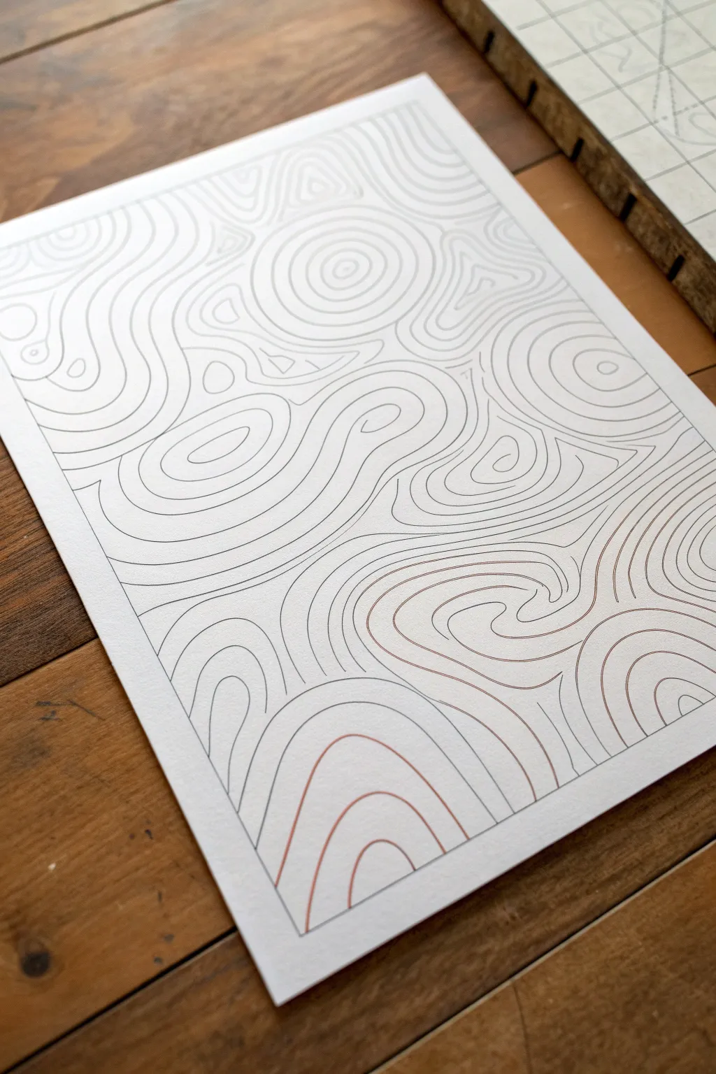 Minimal topographic contour line art with a soft boho pop of terracotta on clean white.