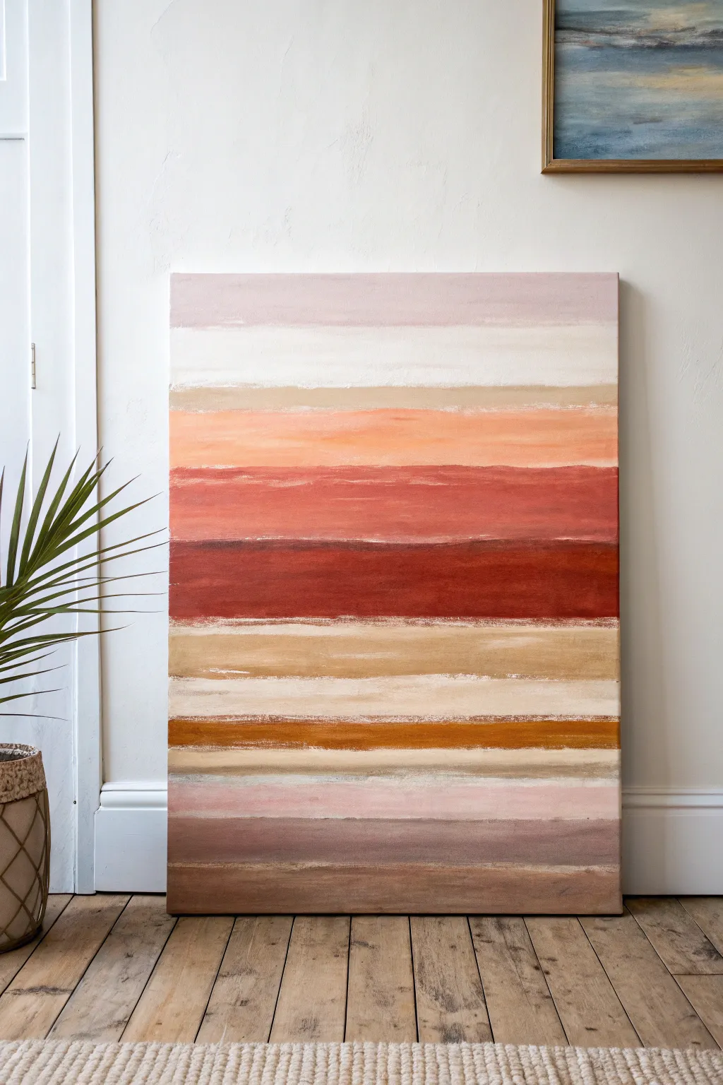 Color-field horizon bands in oil paint with soft blends, crisp edges, and modern calm contrast