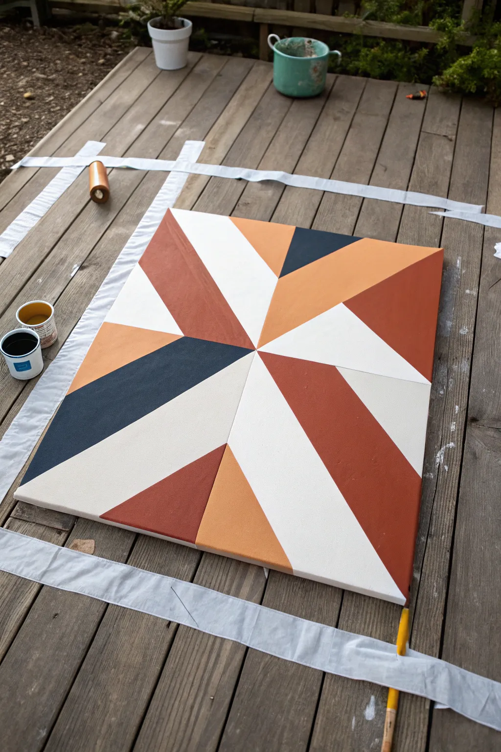 Bold geometric tape resist shapes with crisp edges and a satisfying peel-away reveal in progress