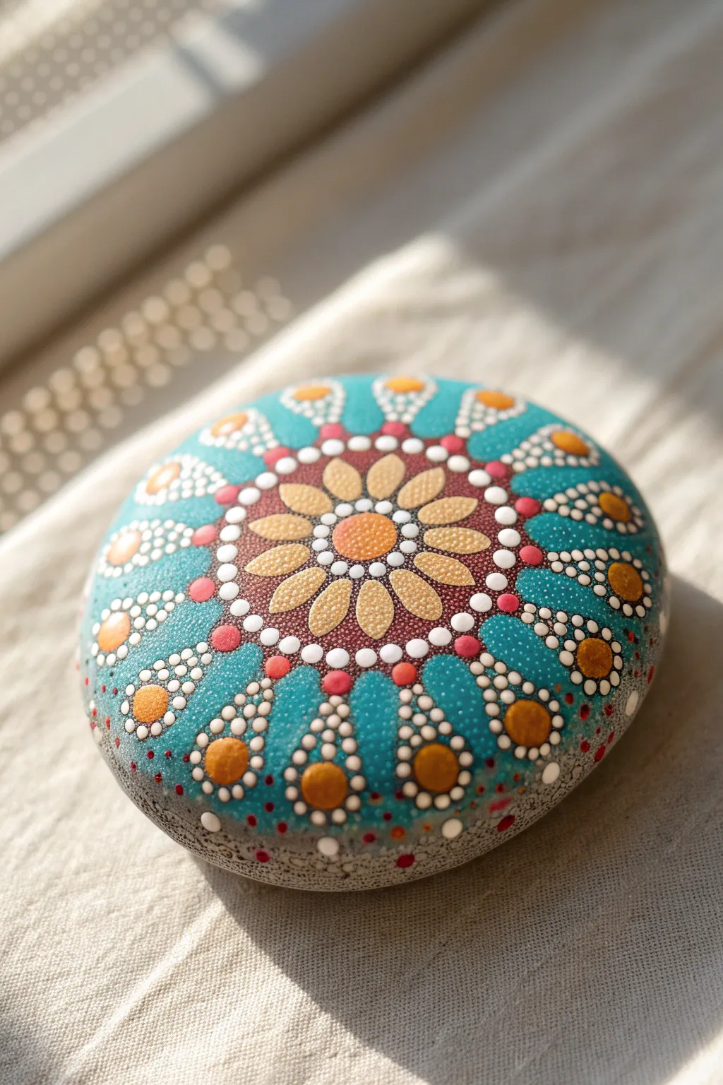 Bright dot mandala on a smooth river rock, simple neutral backdrop for minimalist boho vibes