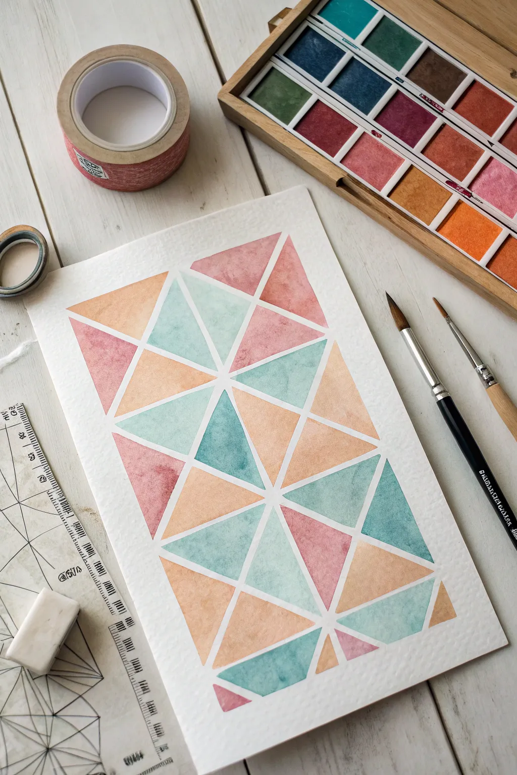 Crisp tape-resist blocks with vibrant watercolor washes for a clean geometric abstract look