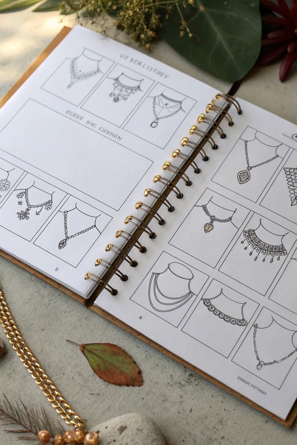 Minimal necklace and choker reference sheet to practice drape, length, and clasp placement.