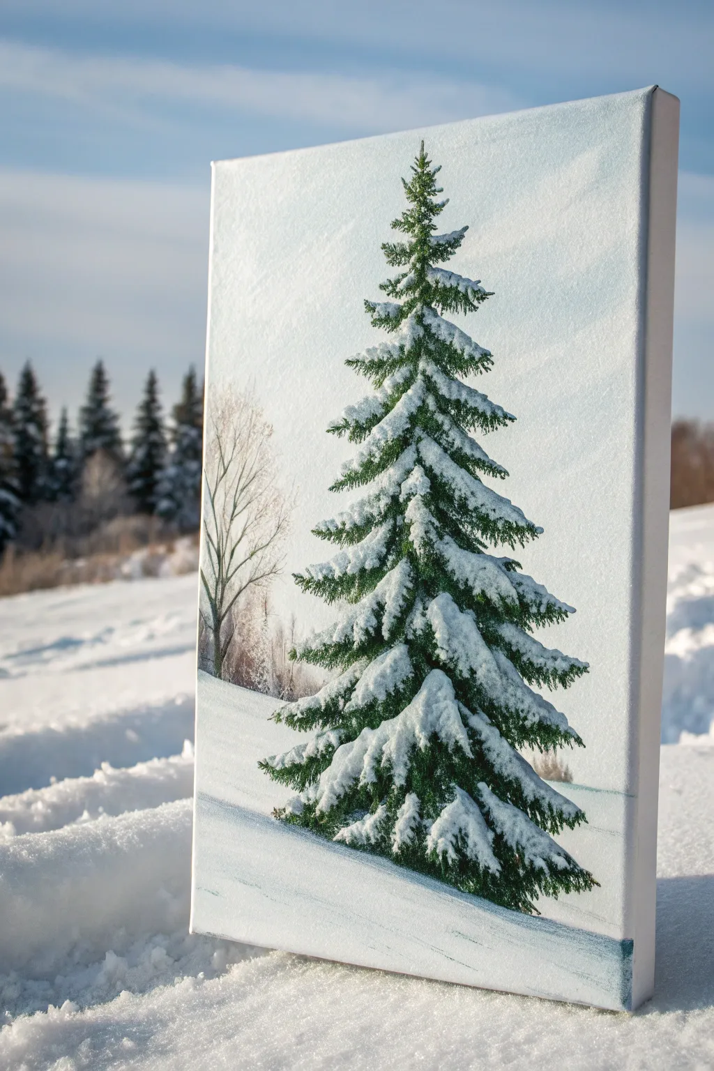 Classic snowy evergreen in acrylic, deep greens and crisp whites for calm winter charm