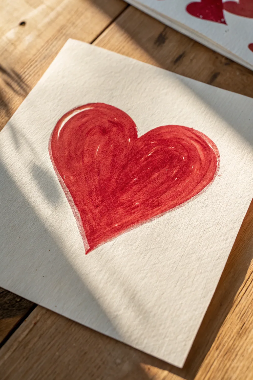 Simple bold red acrylic heart on a calm neutral background, crisp edges and a tiny highlight.