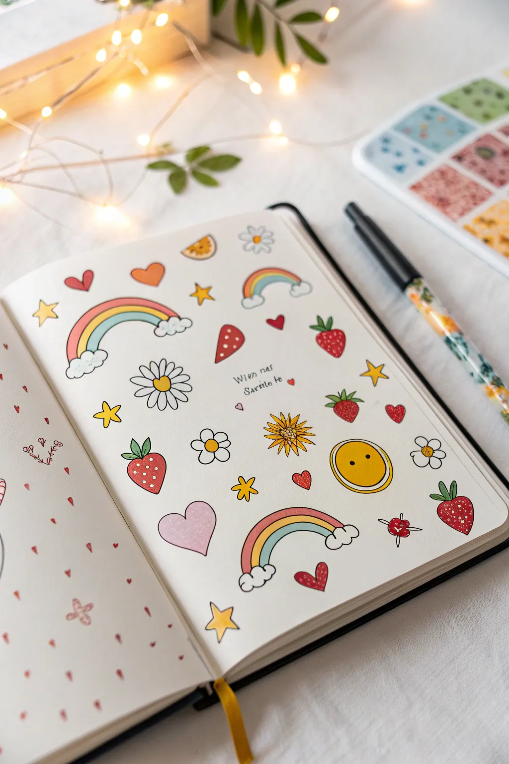 Vibrant mini icon doodles in acrylic marker on a clean sketchbook page, bright and modern.