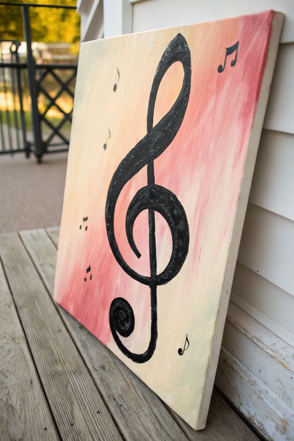 Make a bold treble clef centerpiece with acrylic gradients and soft splatter for modern boho vibes