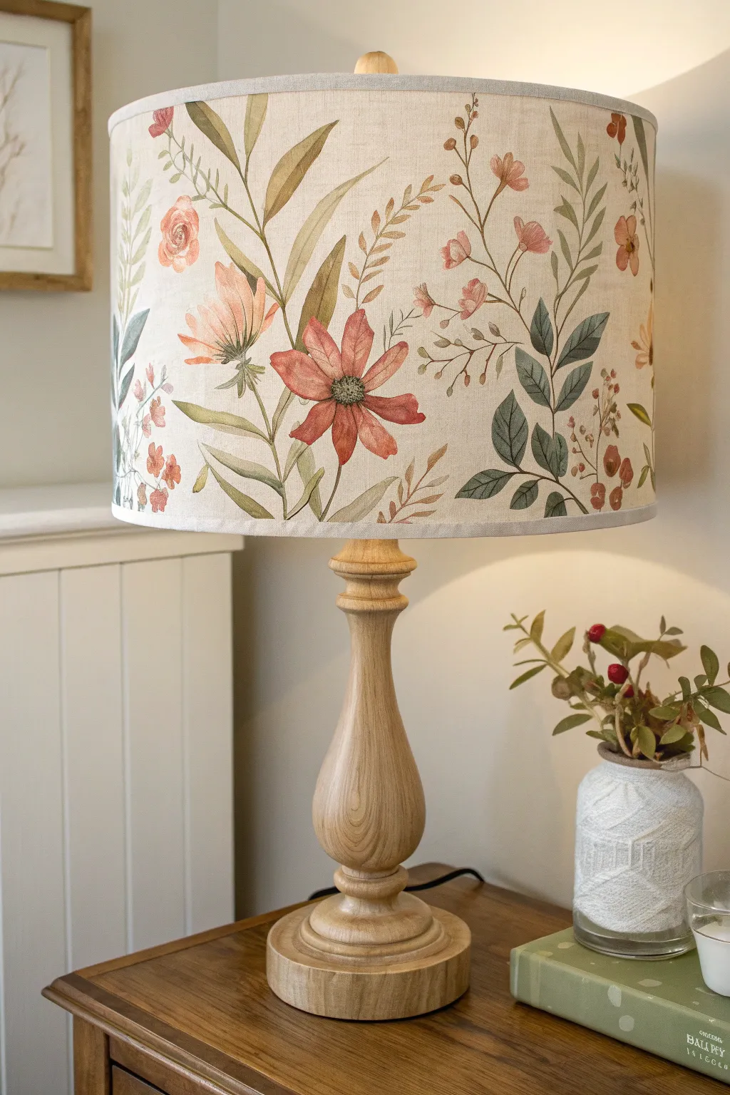 Glowing drum lampshade with a loose floral bouquet wrap and visible raised acrylic brushstrokes