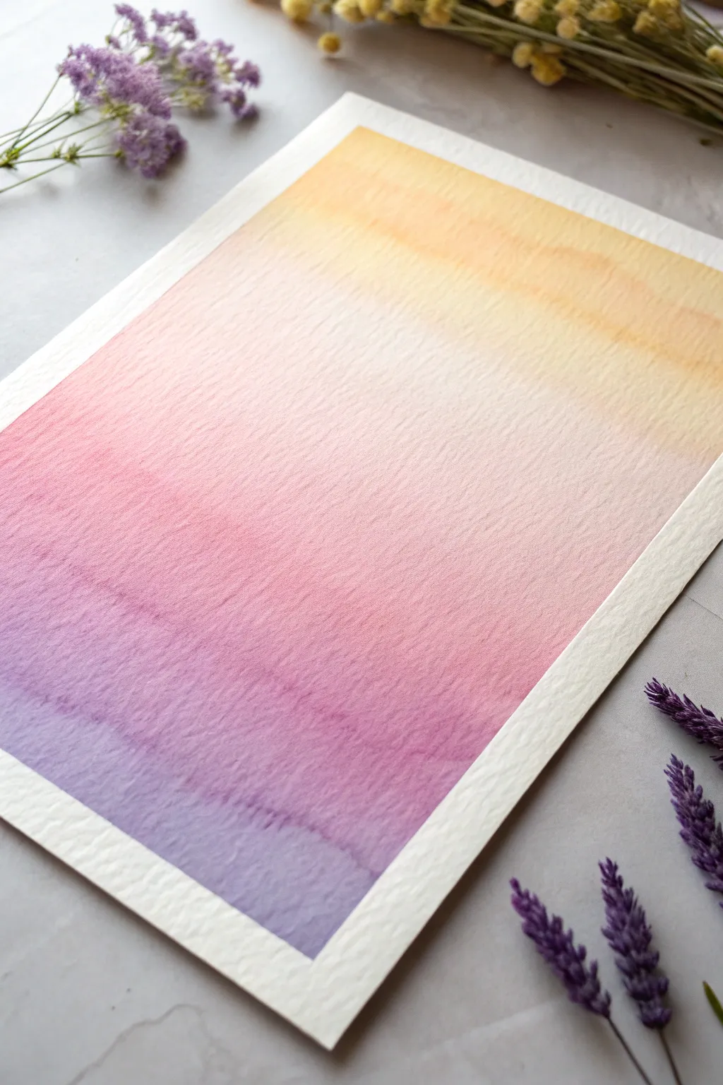 Smooth acrylic sunset gradient wash, softly blended from warm yellow to pink to purple