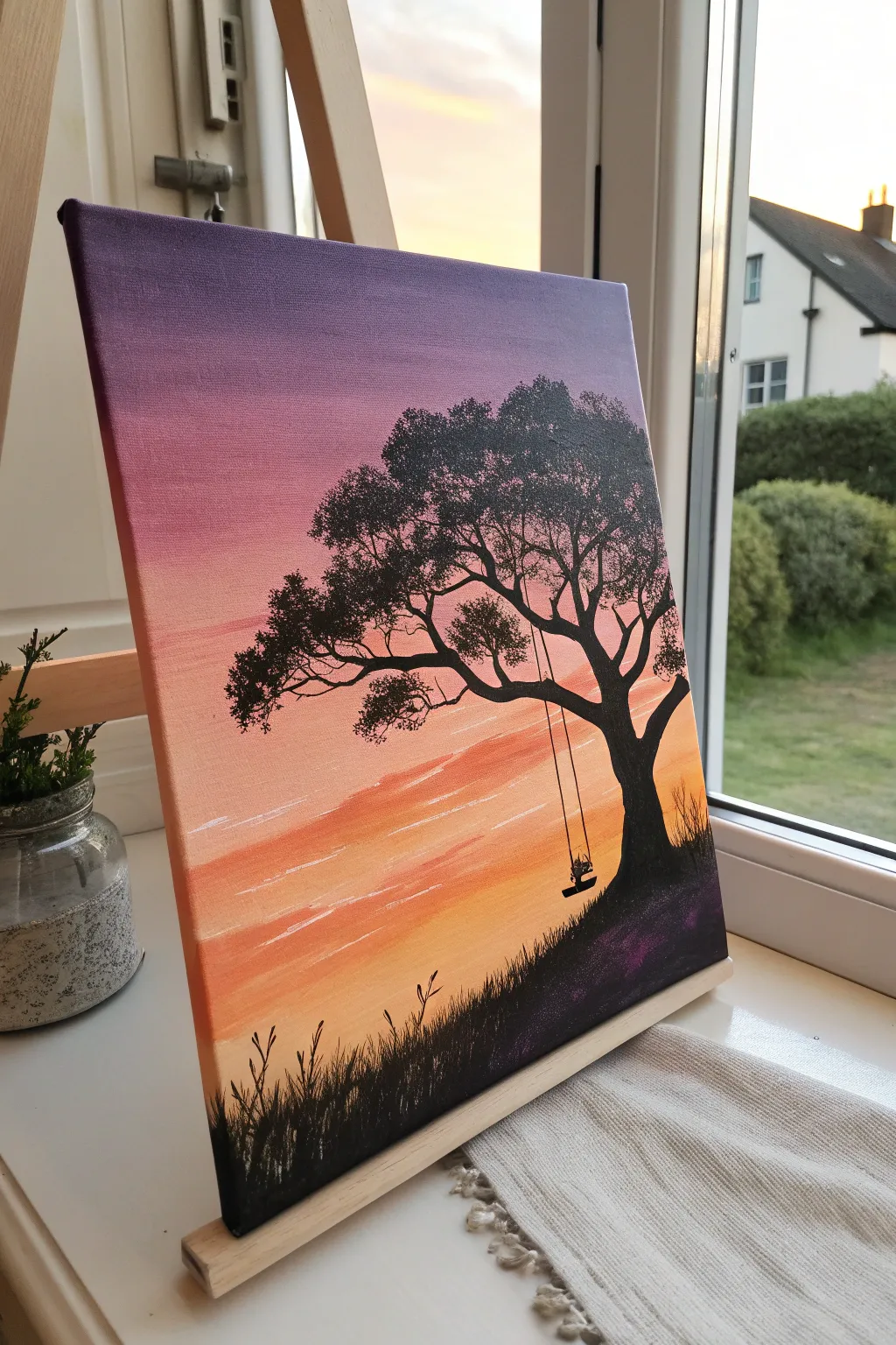 Paint a dreamy sunset gradient and finish with a bold black tree silhouette for instant contrast.