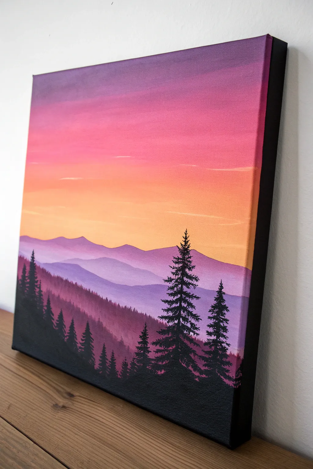 Sunset gradient acrylic with bold black silhouette, simple shapes and Scandinavian calm