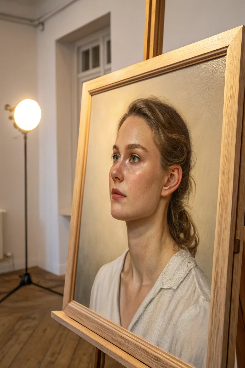 Timeless acrylic head and shoulders portrait with soft skin tones and a calm neutral backdrop.