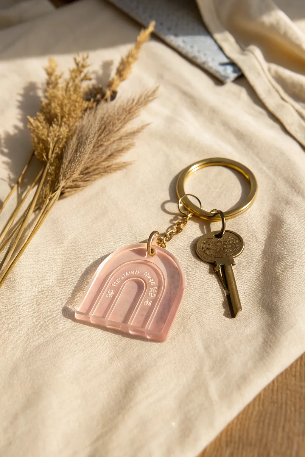 Minimal acrylic keychain idea: clear blush charm with brass ring on soft neutral linen backdrop