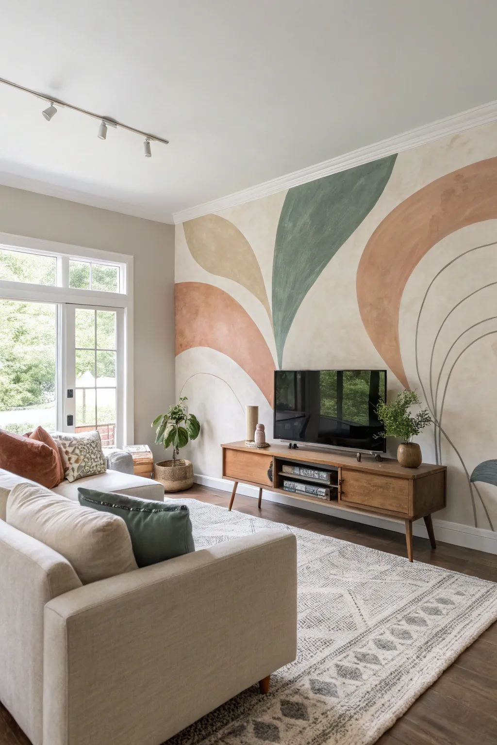 Oversized acrylic abstract mural with soft layers brings calm Scandinavian-boho impact.