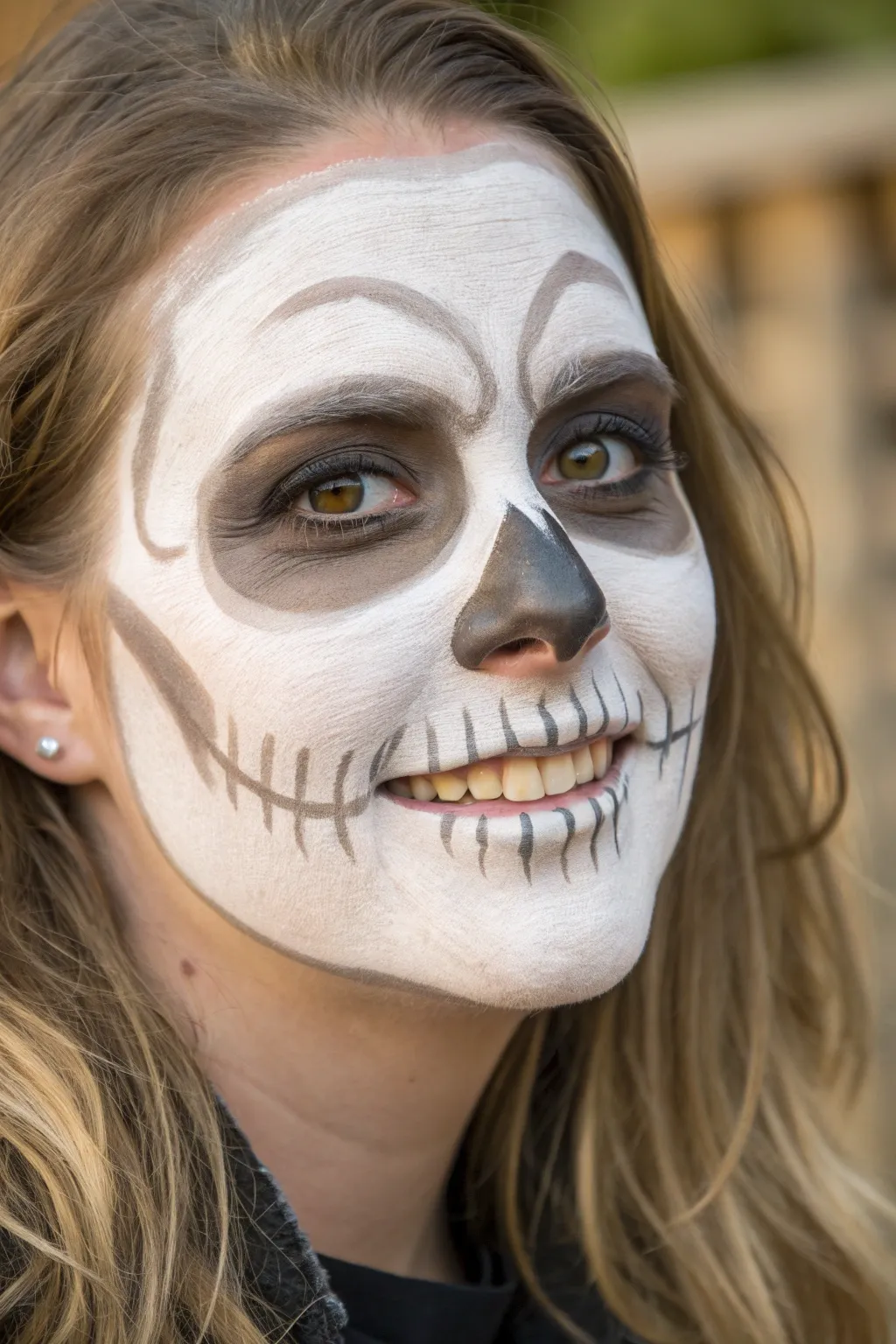 Classic glam skull face paint with soft contour shading and crisp teeth lines, photo-ready contrast.