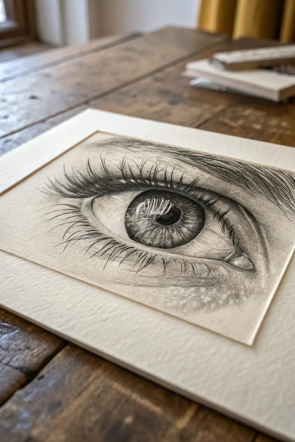 Hyper-realistic eye texture study with crisp reflections, iris fibers, wet shine, and soft skin shading.