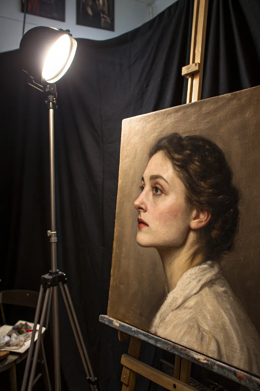 Dramatic chiaroscuro portrait painting, single side light and deep shadows for advanced study