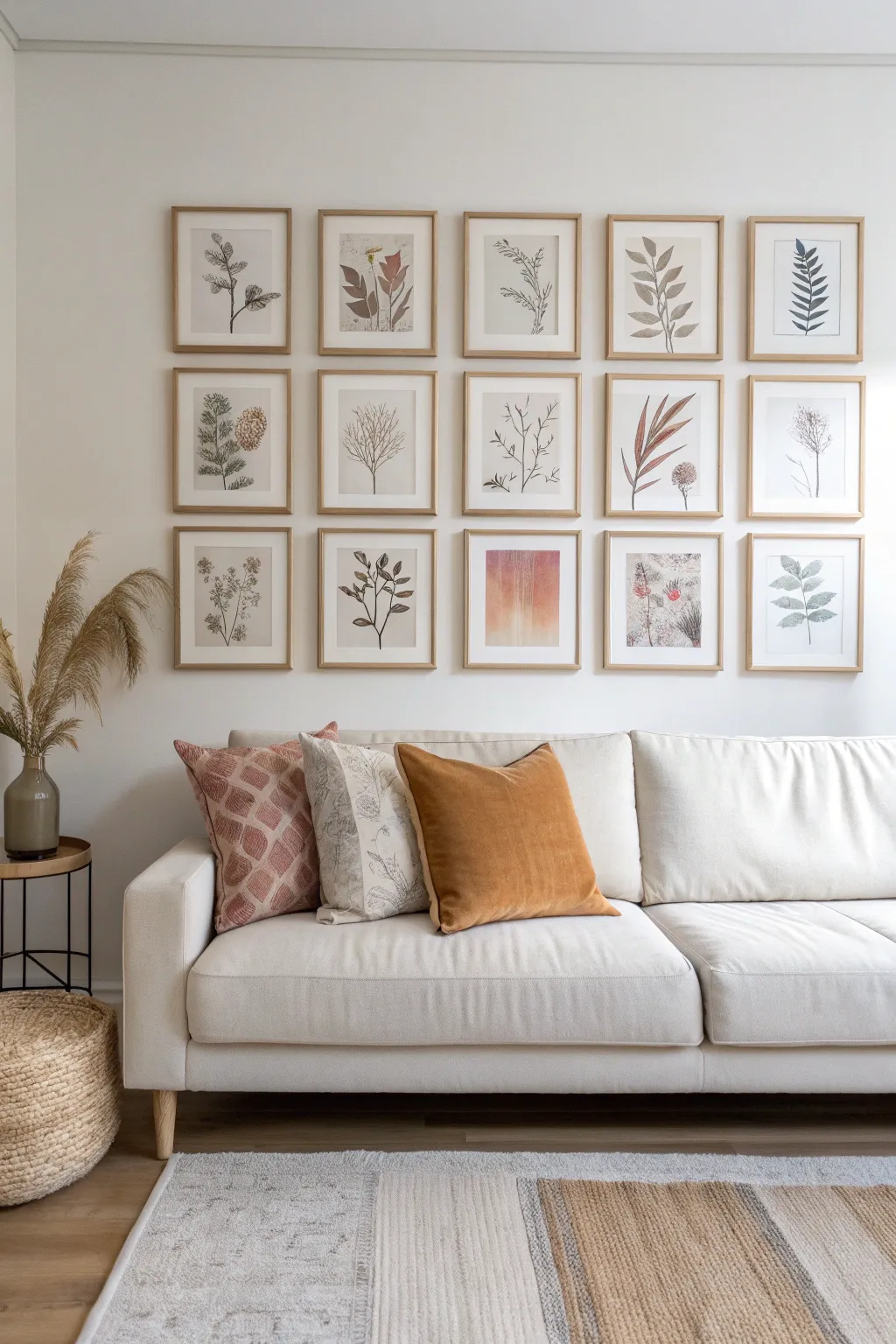 Curated neutral gallery wall grid with matching frames, clean Scandinavian calm and a soft boho touch