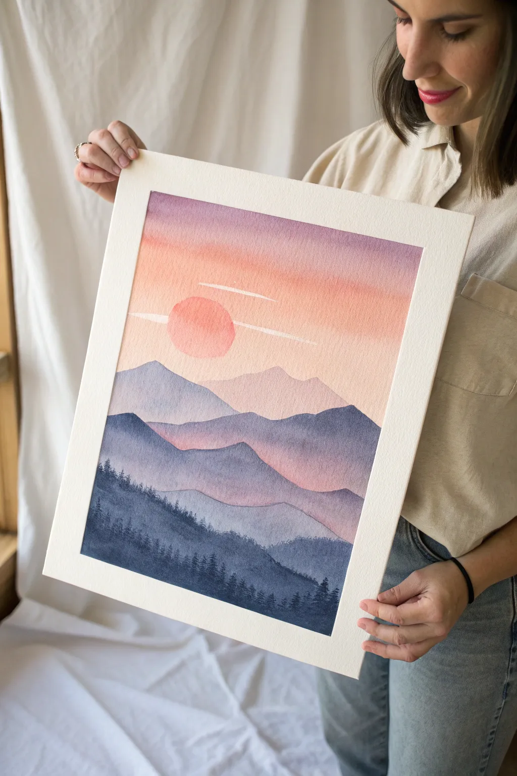 Dreamy sunset watercolor gradient with bold mountain silhouette and tiny sun for calm vibes