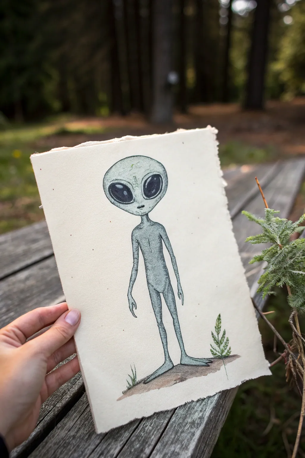 Big-eyed humanoid alien with a subtle twist, rendered in minimal ink and soft boho washes.
