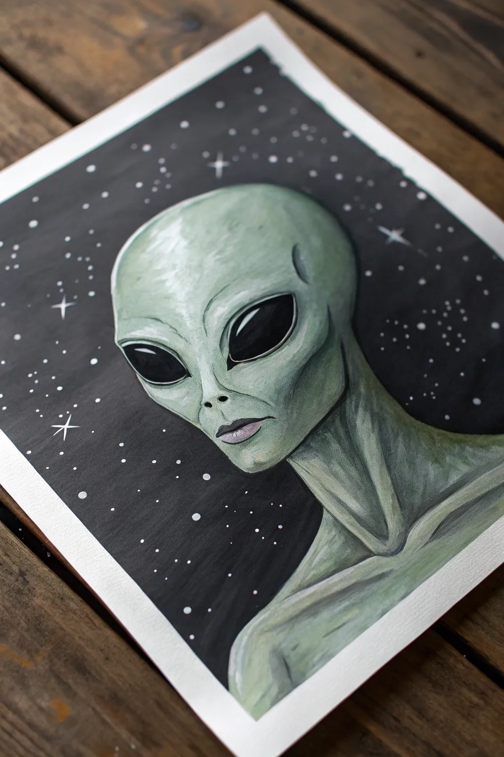 Minimalist grey-green alien portrait with bold black eyes and a calm starry backdrop