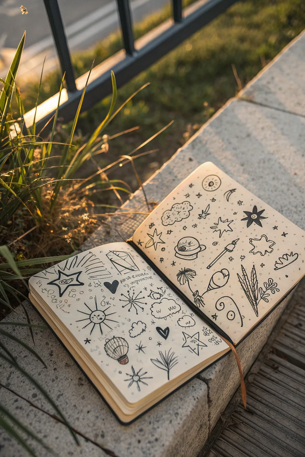 Chaotic doodle spread that feels like a sticker-bomb wall, bold ink contrast on warm paper