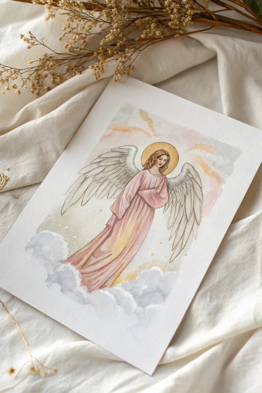 Classic guardian angel in soft clouds, minimalist watercolor with a gentle halo glow
