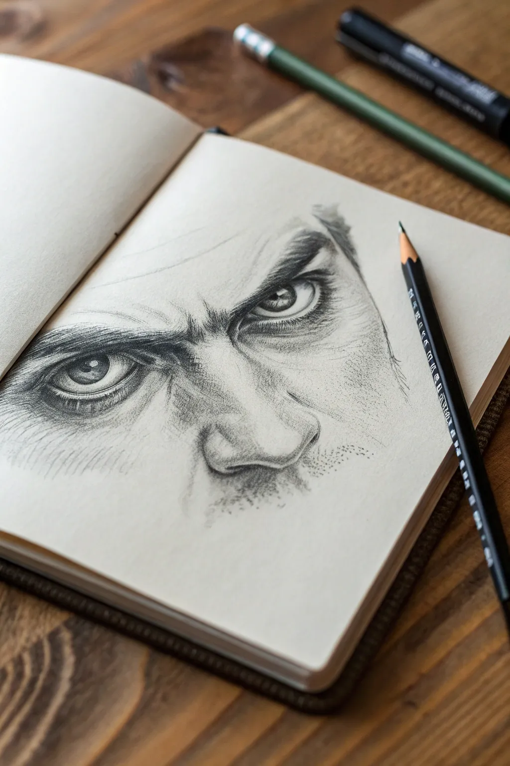 Graphite close-up of furrowed brows and tense eyes, a striking anger drawing idea to practice.