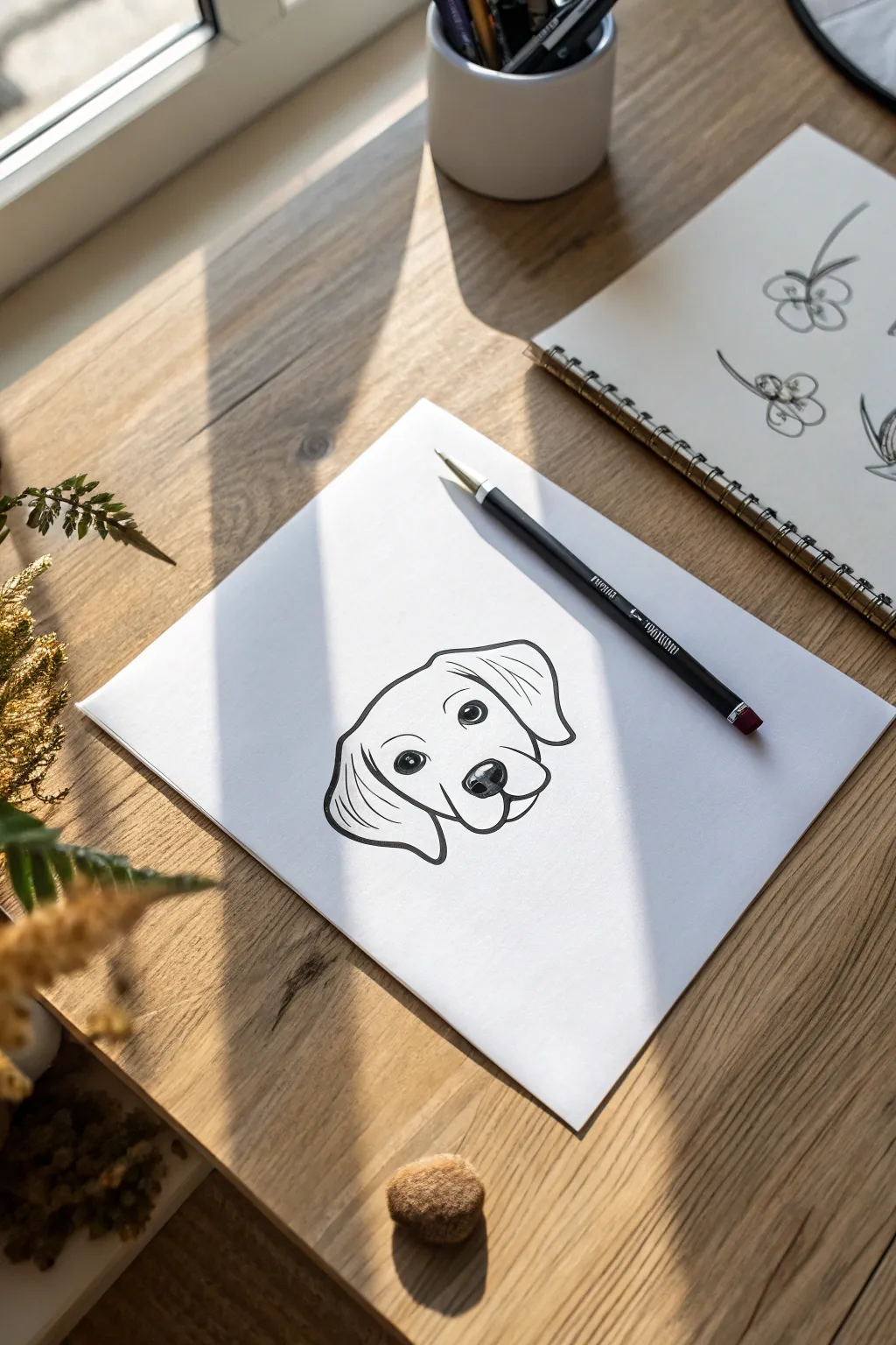 Simple pet line drawing on bright white paper, minimal doodles for easy animal art ideas