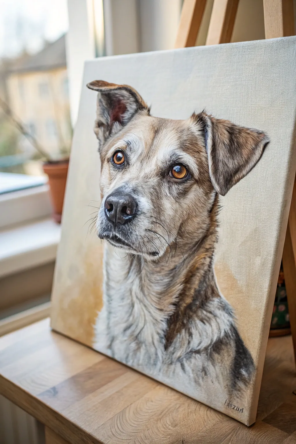 Classic dog portrait study with luminous catchlights and a soft neutral background for painting practice.