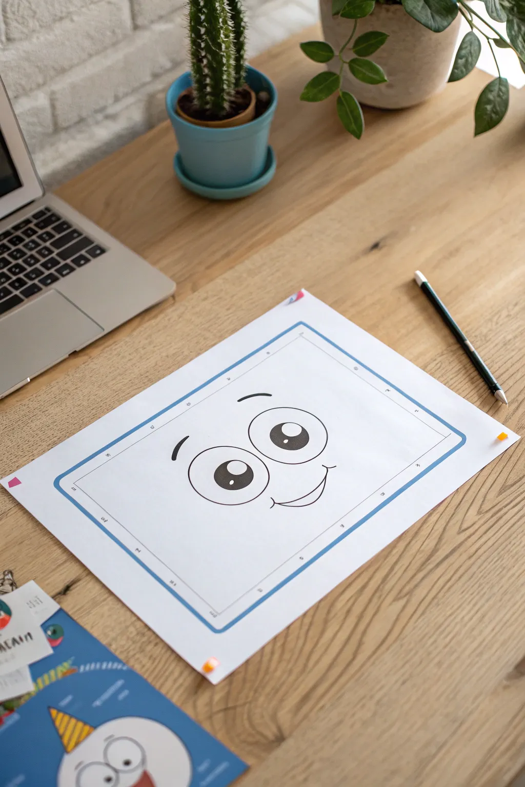 Classic friendly cartoon face template with bold lines, big eyes, and a neat blue safety border.