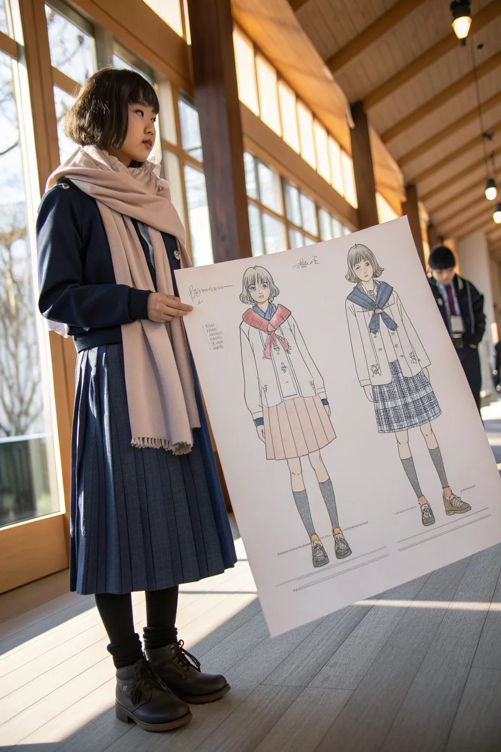 Classic school uniform remix with three variations, spotlighting collars, ties, and crisp pleats