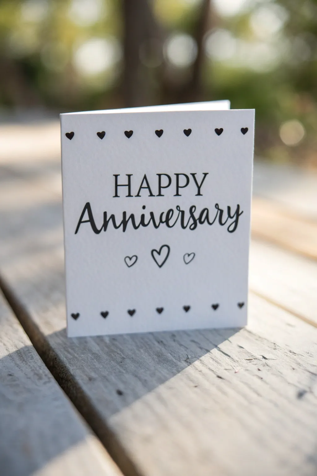 Minimal hand-lettered anniversary card with tiny heart border and soft watercolor shadow.