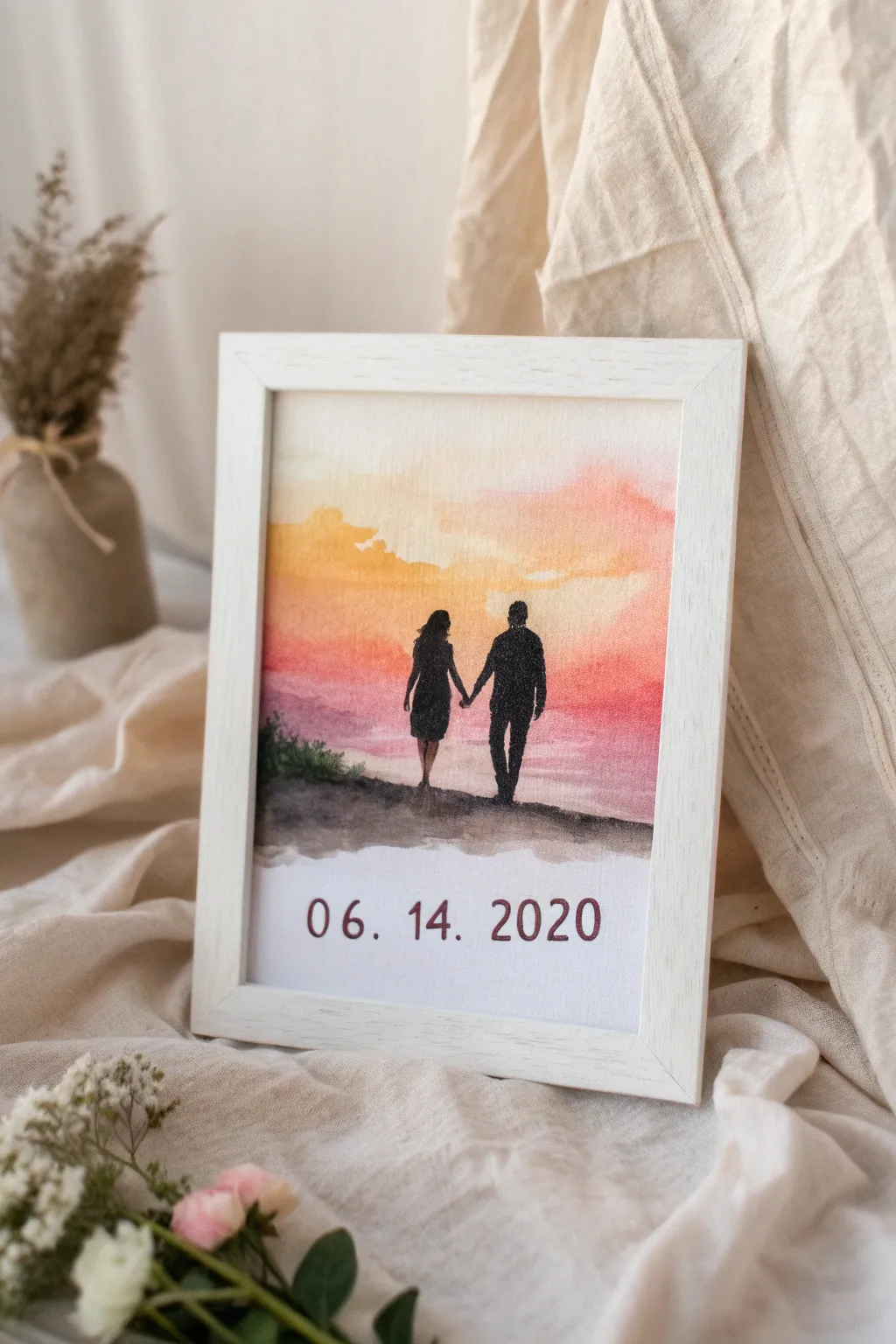 Easy anniversary gift idea: minimalist couple silhouette against a warm sunset wash with a date.
