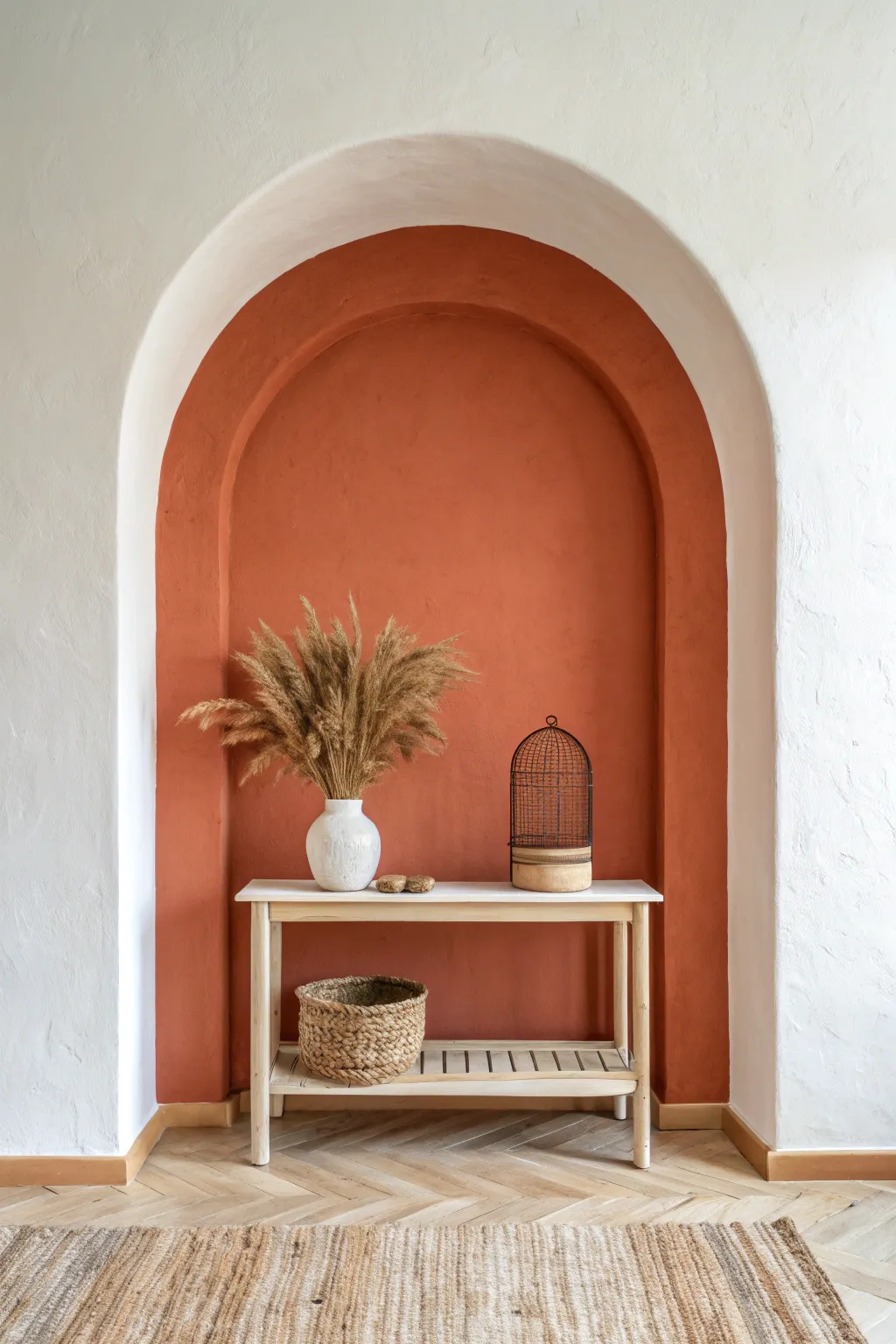 Classic solid arch backdrop with crisp edges, warm terracotta contrast, and calm minimalist decor