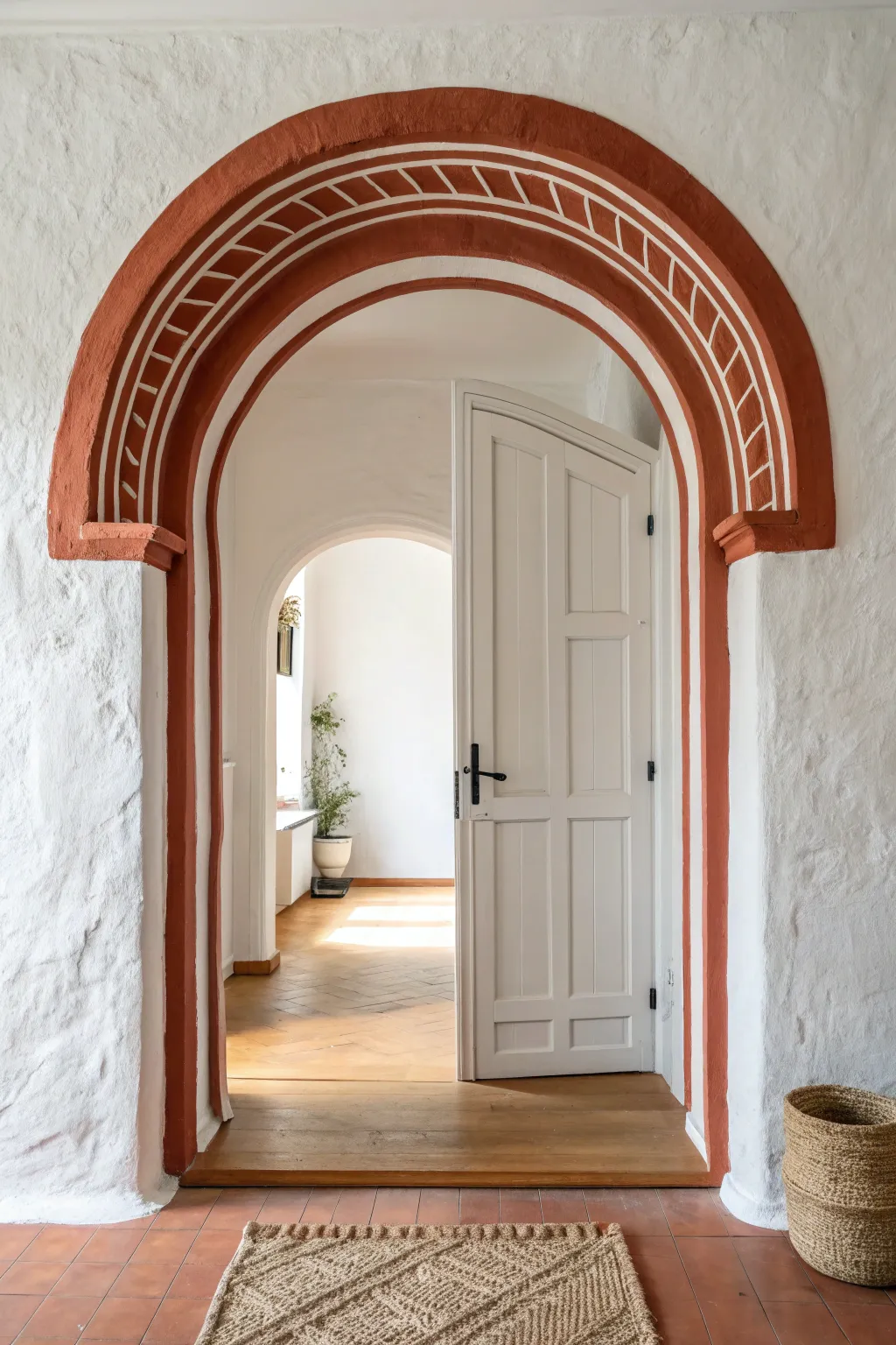 Deep terracotta archway against white walls for a bold, minimalist contrast look