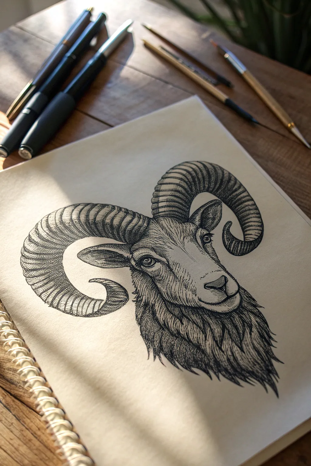 Crisp symmetrical ram head line art with bold horns, perfect for Aries drawing practice