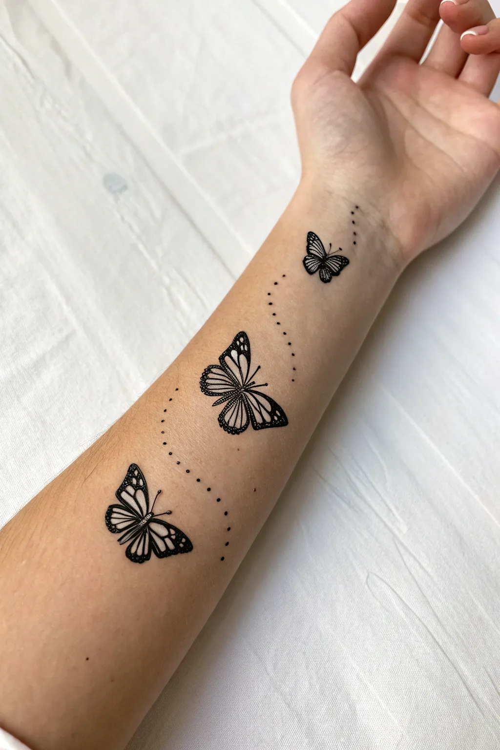 Easy forearm butterfly trail with white dot highlights in a clean Scandinavian boho style