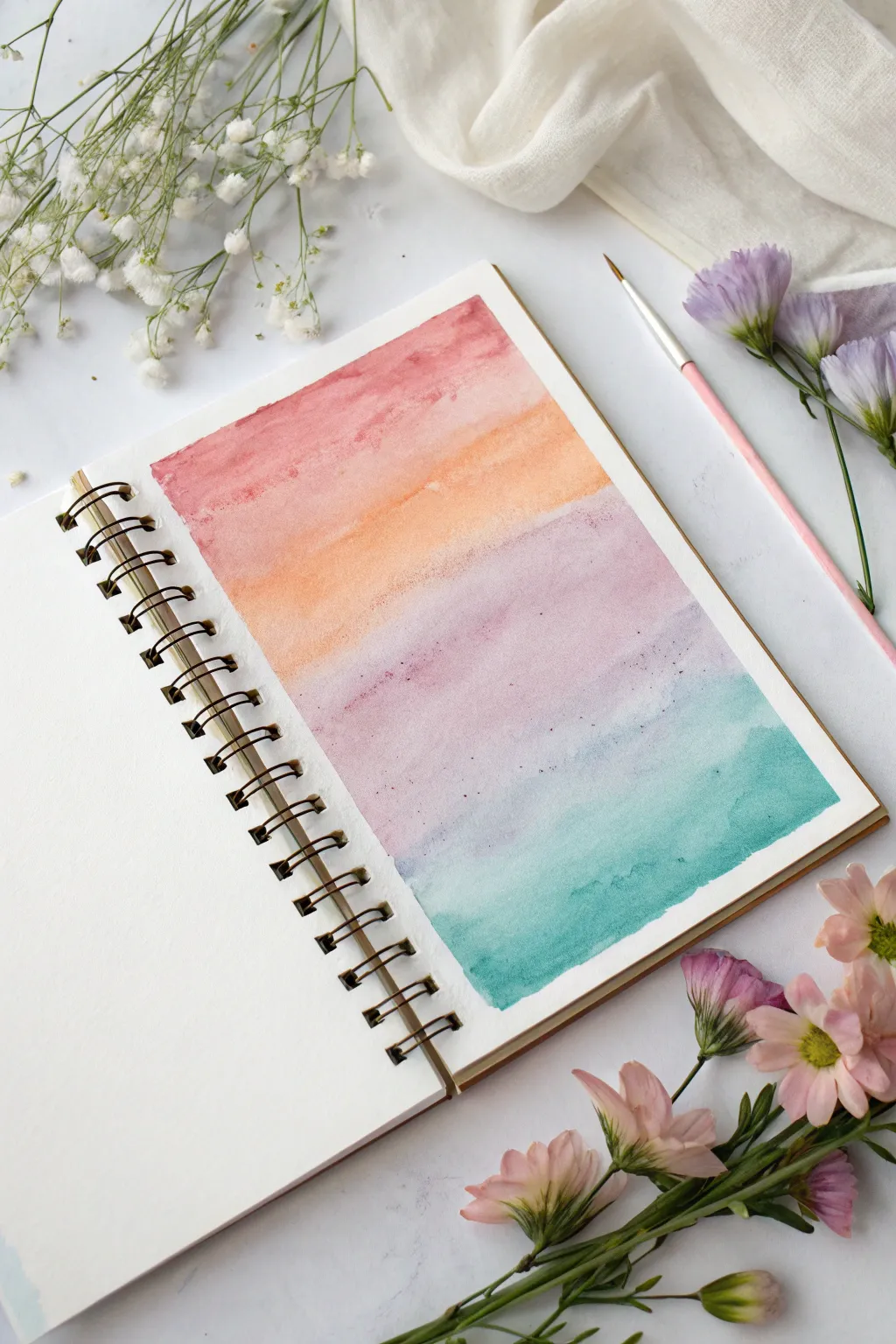 A calm warm-to-cool watercolor wash with airy blooms, perfect minimalist art background inspiration.