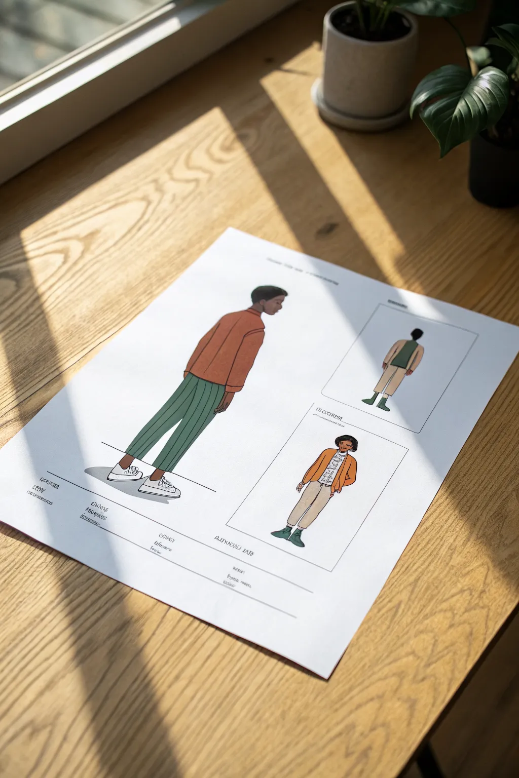 Minimal character turnaround sheet: front, side, back views with clean linework and detail close-ups
