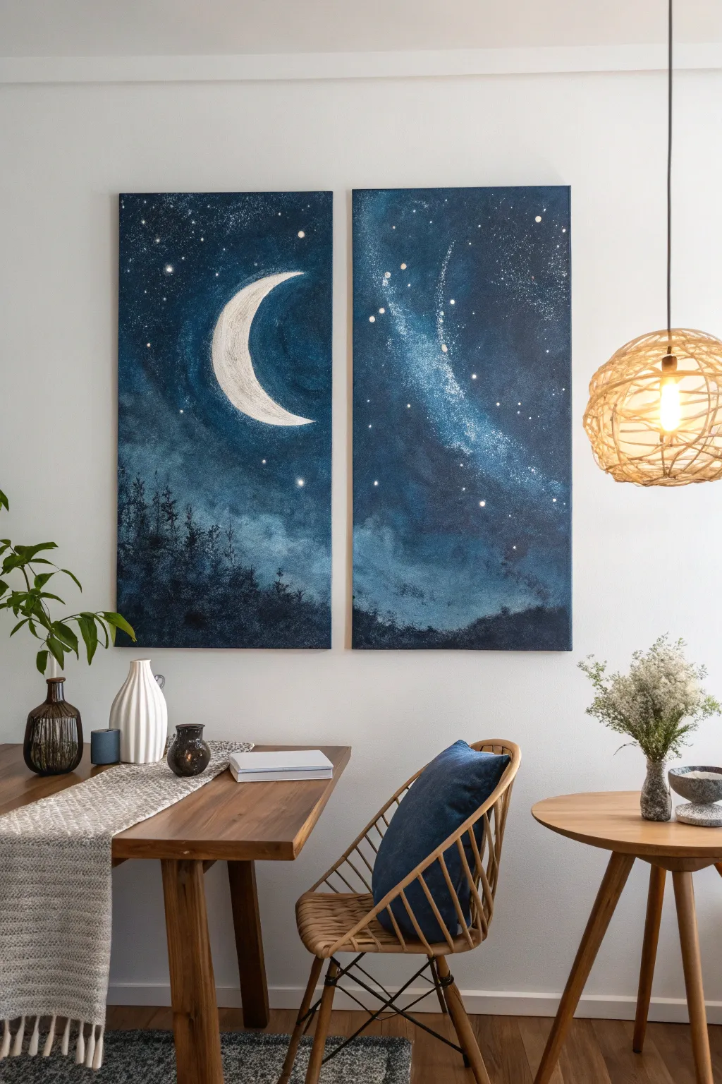 Create a moonlit diptych together: cozy lamp glow, shared brushes, and a dreamy night sky.