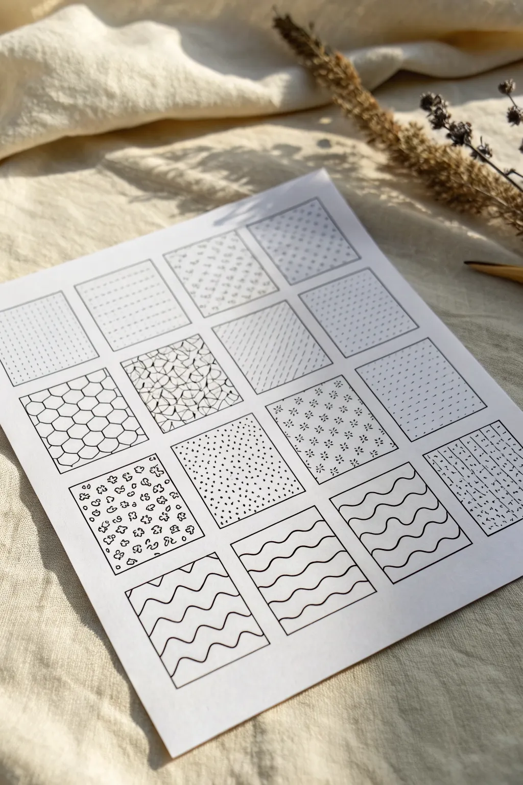 Classic 4x4 pattern grid sampler in black ink, crisp and minimal for easy drawing practice